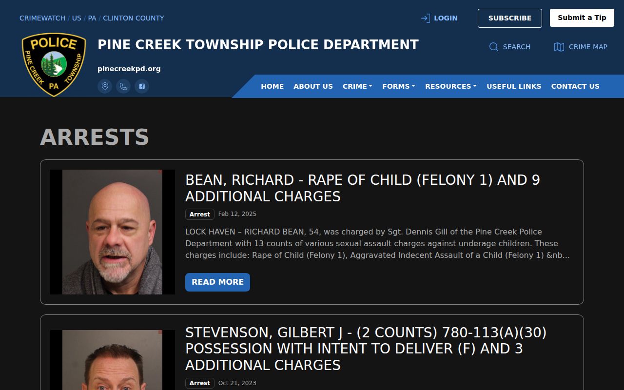 Avis-area Pine Creek official arrest record search view