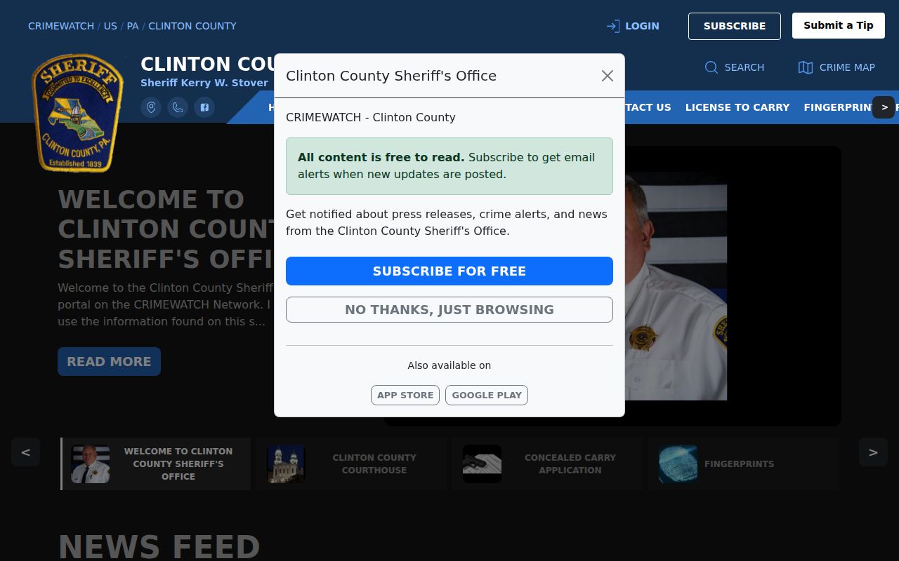 Clinton County Sheriff official CRIMEWATCH booking and warrant record source